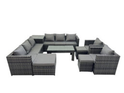 Fimous Garden Rattan Outdoor Furniture Set 11 Seater Patio Corner Sofa Oblong Coffee Table With Chair 3 Stool Side Table Dark Grey - thumbnail 1