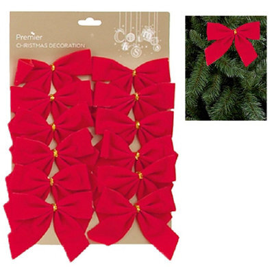 Premier Christmas Tree Velvet Bows Red Decoration - 12 Pack - 12Cm