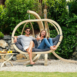 Amazonas Globo Double 2 Seat/person Wooden Hanging Egg Chair With Agora Fabric Weatherproof Cushion - Anthracite - thumbnail 3