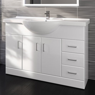 Ibathuk 1200mm White Gloss Basin Vanity Unit Sink Cabinet Bathroom Drawer Storage Furniture - image 1