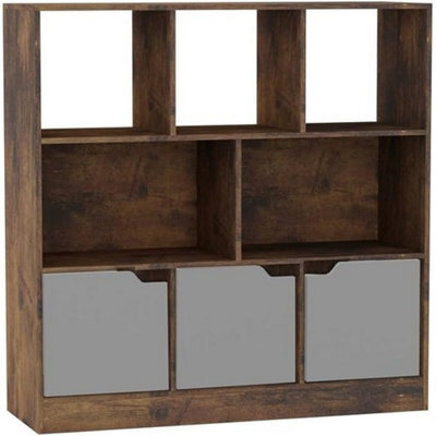 Urbn-Living Urbnliving Asymmetrical 8 Cube Rustic Brown Bookcase Freestanding Storage Unit With 3 Plain Doors - Grey - image 1
