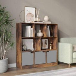 Urbn-Living Urbnliving Asymmetrical 8 Cube Rustic Brown Bookcase Freestanding Storage Unit With 3 Plain Doors - Grey - thumbnail 2