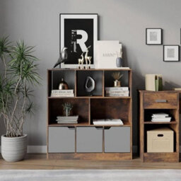 Urbn-Living Urbnliving Asymmetrical 8 Cube Rustic Brown Bookcase Freestanding Storage Unit With 3 Plain Doors - Grey - thumbnail 4