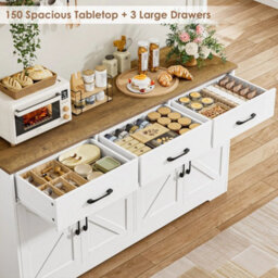 White Sideboard, 150Cm Kitchen Cabinet With 3 Drawers And 4 Doors, Large Sideboard - thumbnail 5