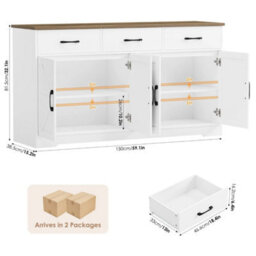 White Sideboard, 150Cm Kitchen Cabinet With 3 Drawers And 4 Doors, Large Sideboard - thumbnail 2