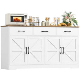 White Sideboard, 150Cm Kitchen Cabinet With 3 Drawers And 4 Doors, Large Sideboard - thumbnail 1