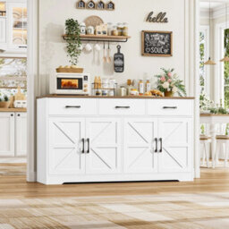 White Sideboard, 150Cm Kitchen Cabinet With 3 Drawers And 4 Doors, Large Sideboard - thumbnail 3