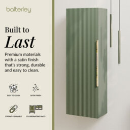 Balterley Fluted Front Wall Hung Single Door Tall Bathroom Storage Unit, 400mm, Green, Brushed Brass Handle - thumbnail 2