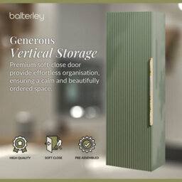 Balterley Fluted Front Wall Hung Single Door Tall Bathroom Storage Unit, 400mm, Green, Brushed Brass Handle - thumbnail 3