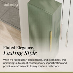 Balterley Fluted Front Wall Hung Single Door Tall Bathroom Storage Unit, 400mm, Green, Brushed Brass Handle - thumbnail 4