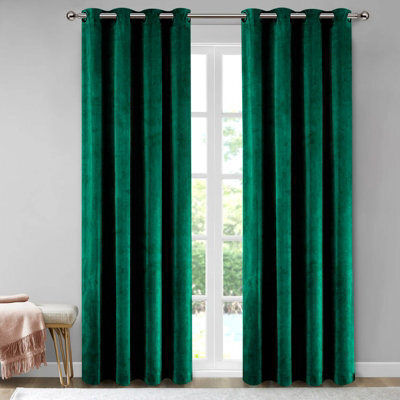 Aspire Homeware Emerald Green Velvet Curtain Room Darkening Blackout Eyelet Curtain Pair (W) 228Cm X (D)228Cm With Tie Back Pair - image 1
