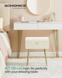 Songmics Rectanglular Vanity Stool Chair With Storage, Dressing Table Stool, Footrest Footstool Ottoman, Metal Legs