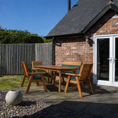 Samuel Alexander Handmade 6 Seater Chunky Rustic Wooden Garden Furniture Set. Table, Chairs & Green Cushions - image 1