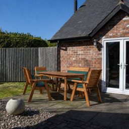 Samuel Alexander Handmade 6 Seater Chunky Rustic Wooden Garden Furniture Set. Table, Chairs & Green Cushions - thumbnail 1