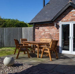 Samuel Alexander Handmade 6 Seater Chunky Rustic Wooden Garden Furniture Set. Table, Chairs & Green Cushions - thumbnail 3