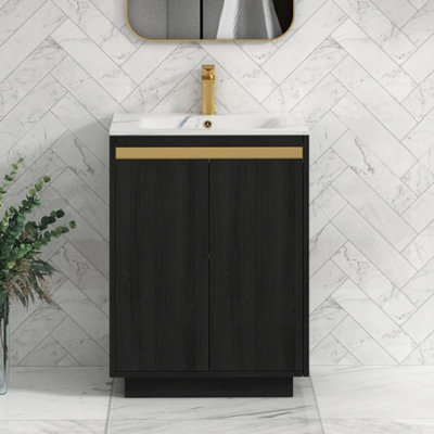 Royal Bathrooms Orion 600mm Floor Standing Bathroom Vanity Unit 2 Door Hale Black With Carrara White Basin & Chrome Accent Trim - image 1