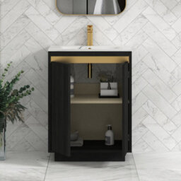 Royal Bathrooms Orion 600mm Floor Standing Bathroom Vanity Unit 2 Door Hale Black With Carrara White Basin & Chrome Accent Trim - thumbnail 5