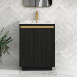 Royal Bathrooms Orion 600mm Floor Standing Bathroom Vanity Unit 2 Door Hale Black With Carrara White Basin & Chrome Accent Trim