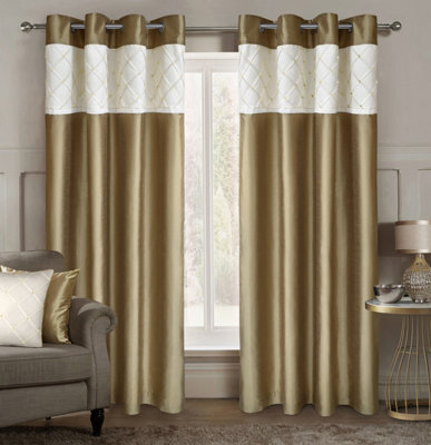 Intimates Faux Silk Pleated Lined Curtains, Ring Top, Durable Drapes For Living Room, Bedroom, Light-Filtering, Textured Fabric - Latte