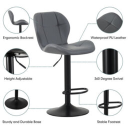MCC Direct Set Of 2 Height Adjustable Kitchen Bar Stool Breakfast Chairs With Footrest Grey - Stella - thumbnail 2
