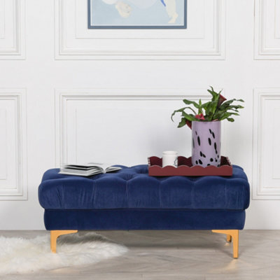 Delphine Navy Blue Velvet Buttoned Ottoman Footstool With Gold Legs - image 1