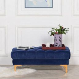 Delphine Navy Blue Velvet Buttoned Ottoman Footstool With Gold Legs - thumbnail 1