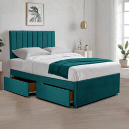 Green Plush 4Ft Small Double Bed With Matttress  2 Storage Drawers And 20 Inch Vertical Line Headboard - thumbnail 1