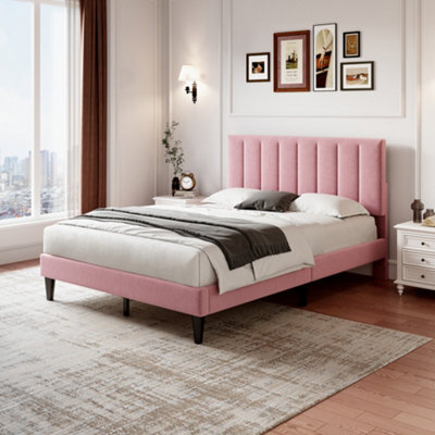 Abrihome Double Upholstered Velvet Bed Frame, With Adjustable Channel Tufted Headboard, Solid Wood Slat And Mute Foam, Pink - image 1