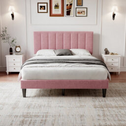 Abrihome Double Upholstered Velvet Bed Frame, With Adjustable Channel Tufted Headboard, Solid Wood Slat And Mute Foam, Pink - thumbnail 2