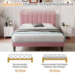 Abrihome Double Upholstered Velvet Bed Frame, With Adjustable Channel Tufted Headboard, Solid Wood Slat And Mute Foam, Pink - thumbnail 7