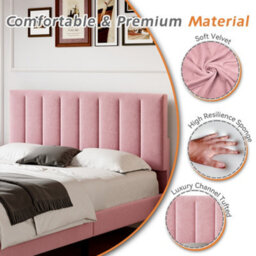 Abrihome Double Upholstered Velvet Bed Frame, With Adjustable Channel Tufted Headboard, Solid Wood Slat And Mute Foam, Pink - thumbnail 4