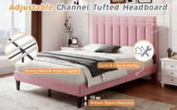 Abrihome Double Upholstered Velvet Bed Frame, With Adjustable Channel Tufted Headboard, Solid Wood Slat And Mute Foam, Pink - thumbnail 5