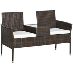 Wyld Haus Renata Faux Rattan 2-Seat Garden Chair With Integrated Coffee Table, Brown With Cream Cushions - thumbnail 2