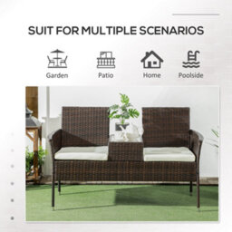 Wyld Haus Renata Faux Rattan 2-Seat Garden Chair With Integrated Coffee Table, Brown With Cream Cushions - thumbnail 7