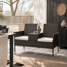 Wyld Haus Renata Faux Rattan 2-Seat Garden Chair With Integrated Coffee Table, Brown With Cream Cushions