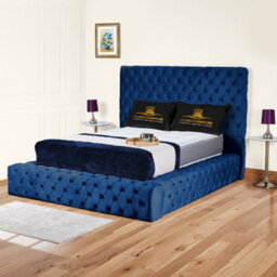UKBEDFURNITURE Ambassador Blue Plush Valvet Upholstered Bed Frame Only- Blackboard - 54 Inch Headboard