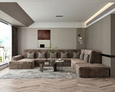 Stratus Interiors Amelia U-Shape Linear Fabric Sofa, Modern Comfortable Sectional Couch For Living Room Use - Mink - image 1