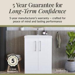 Balterley Modern Bathroom 2 Soft-Close Door Floor Standing Vanity Unit With Mid-Edge Basin, Gloss White, 600 mm - thumbnail 6