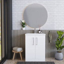 Balterley Modern Bathroom 2 Soft-Close Door Floor Standing Vanity Unit With Mid-Edge Basin, Gloss White, 600 mm - thumbnail 2