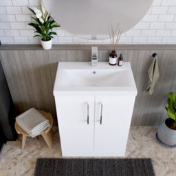 Balterley Modern Bathroom 2 Soft-Close Door Floor Standing Vanity Unit With Mid-Edge Basin, Gloss White, 600 mm - thumbnail 3