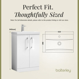 Balterley Modern Bathroom 2 Soft-Close Door Floor Standing Vanity Unit With Mid-Edge Basin, Gloss White, 600 mm - thumbnail 5