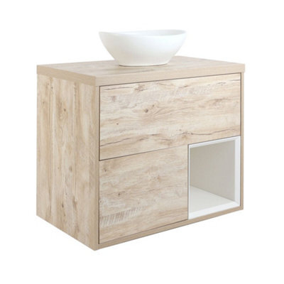 Homestylestore Light Oak 800mm Led Lit Wall Hung Bathroom Vanity Unit Oval Chalk Countertop Basin Open Shelf - image 1