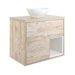 Homestylestore Light Oak 800mm Led Lit Wall Hung Bathroom Vanity Unit Oval Chalk Countertop Basin Open Shelf - thumbnail 1