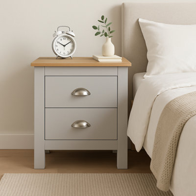 Home Treats Grey & Pine 2 Drawer Bedside Table, Modern Wooden Nightstand With Pine Top - image 1