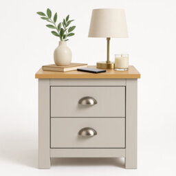 Home Treats Grey & Pine 2 Drawer Bedside Table, Modern Wooden Nightstand With Pine Top - thumbnail 9