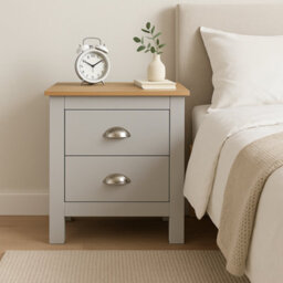 Home Treats Grey & Pine 2 Drawer Bedside Table, Modern Wooden Nightstand With Pine Top