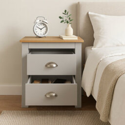Home Treats Grey & Pine 2 Drawer Bedside Table, Modern Wooden Nightstand With Pine Top - thumbnail 3