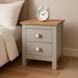 Home Treats Grey & Pine 2 Drawer Bedside Table, Modern Wooden Nightstand With Pine Top - thumbnail 5