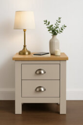 Home Treats Grey & Pine 2 Drawer Bedside Table, Modern Wooden Nightstand With Pine Top - thumbnail 4