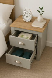 Home Treats Grey & Pine 2 Drawer Bedside Table, Modern Wooden Nightstand With Pine Top - thumbnail 7